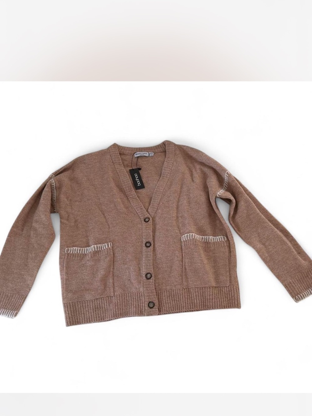 Brave Soul Taupe Brown V-Neck Button Cardigan with Patch Pockets